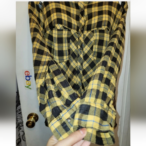 Free People tunic top med. Relaxed fit plaid yellow black - Picture 5 of 7